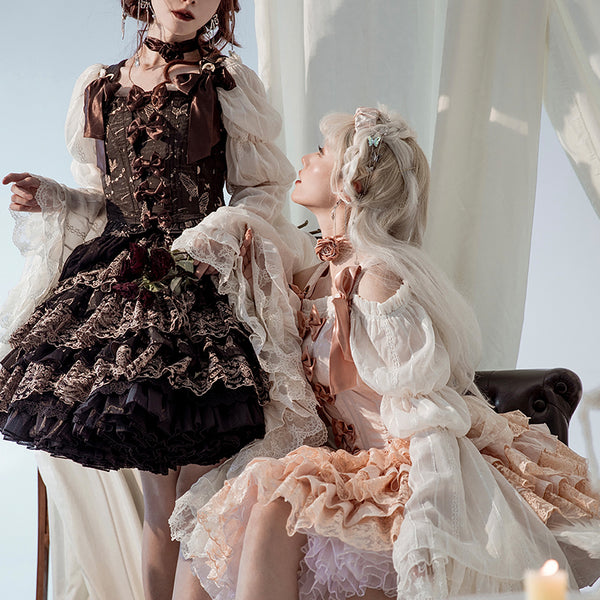 Butterfly embroidery jacquard corset top, floral frilly skirt, long sleeve blouse, and long lace skirt for a royal lady [scheduled to be shipped from late May to mid-June 2023]