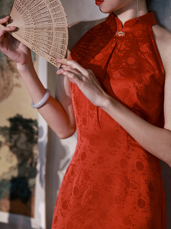 Chinese dress with Chinese red flower pattern