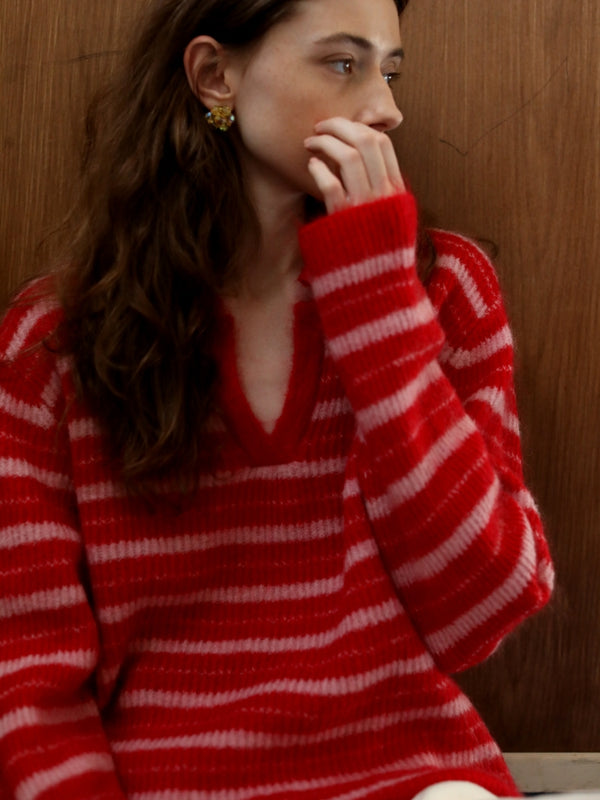 Crimson Lady Striped Mohair Polo Knit