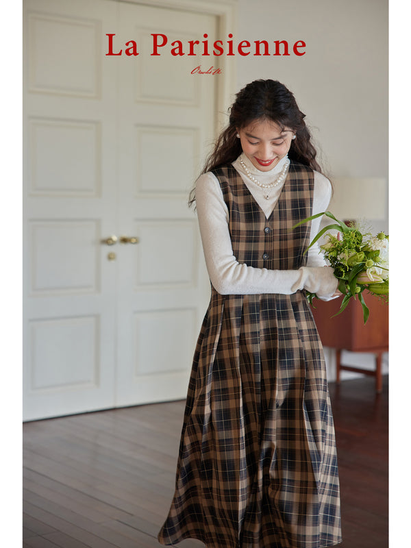 Dark brown plaid classical jumper skirt