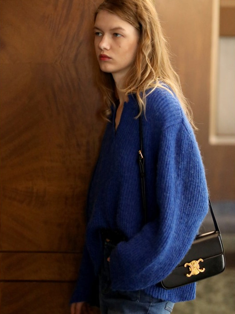Jewel lapis lazuli casual polo knit