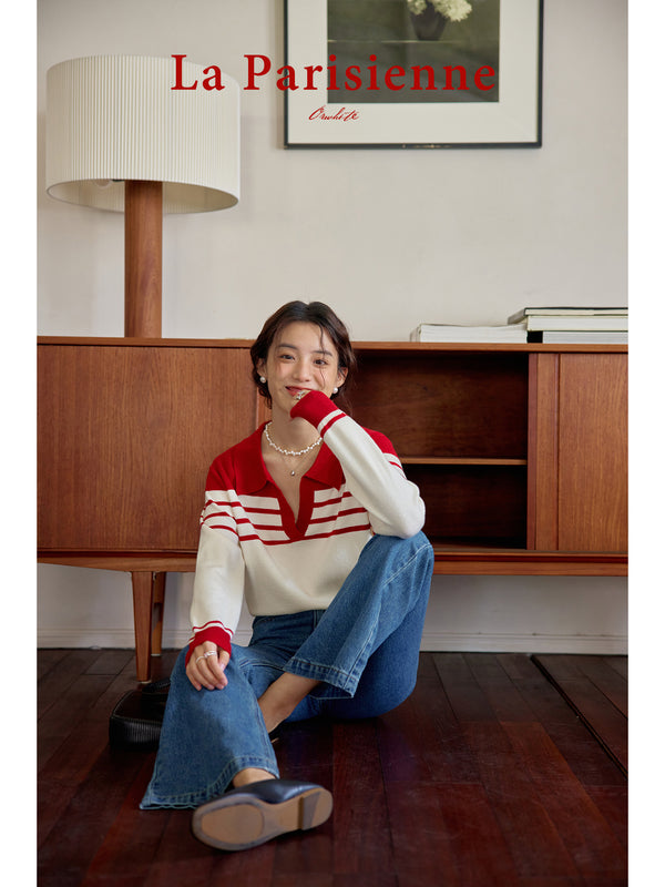 Crimson striped polo knit top