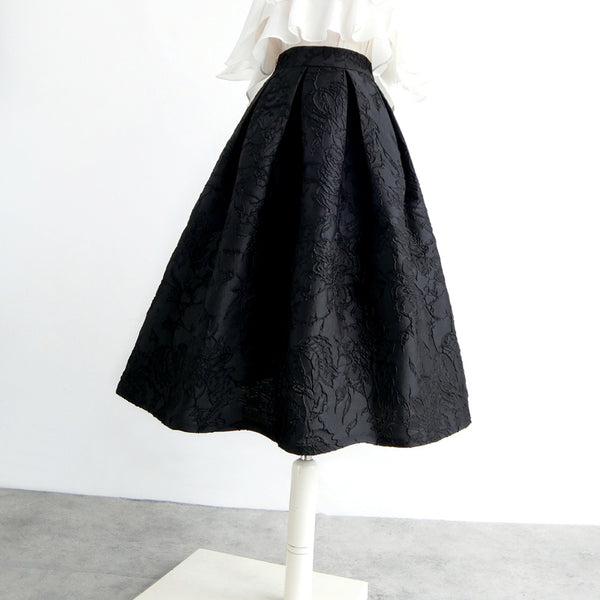 Jet black flower pattern Hepburn skirt