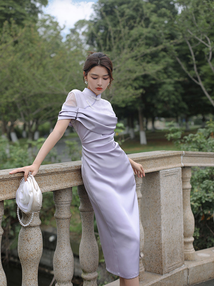 Floral embroidery china dress that smokes in purple fog