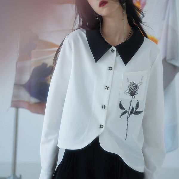 Black ink rose embroidery blouse