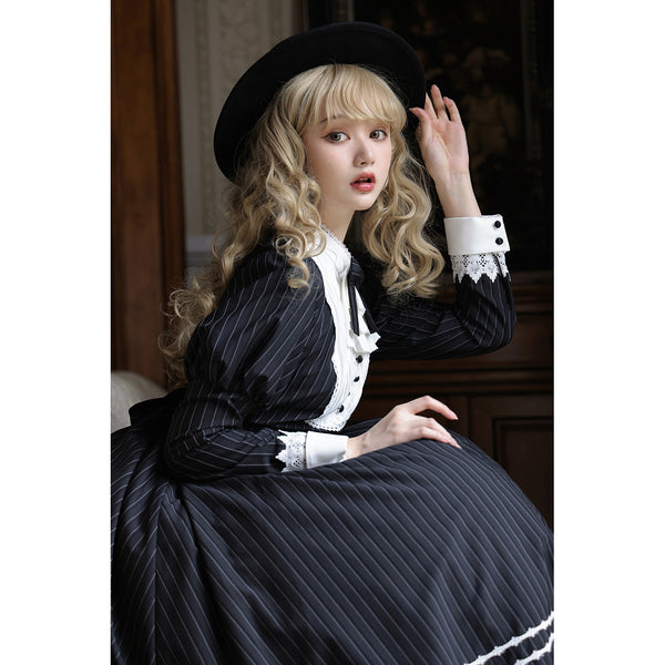 Jet black lady's vertical striped classical dress and classical vest