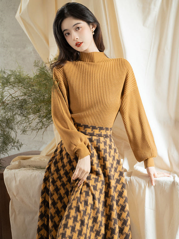 Yellow brown plaid umbrella skirt and high neck sweater 