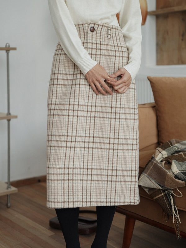 white-brown plaid wool skirt