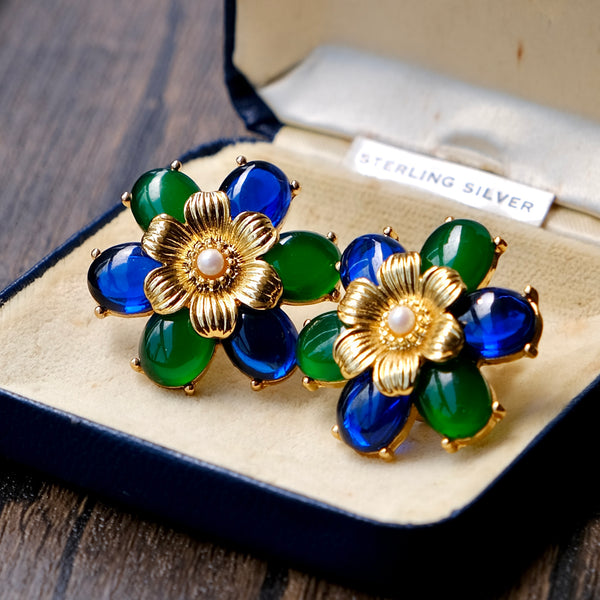 Navy Blue and Jade Flower Earrings