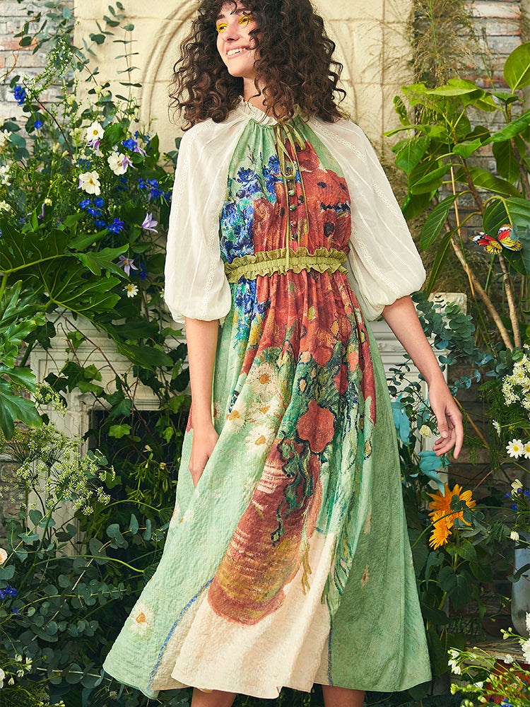 Long dress with daisies and poppies in a vase and cornflowers and poppies in a vase