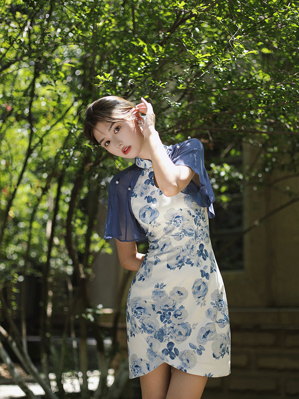 Blue ink mountain tea floral print cheongsam dress