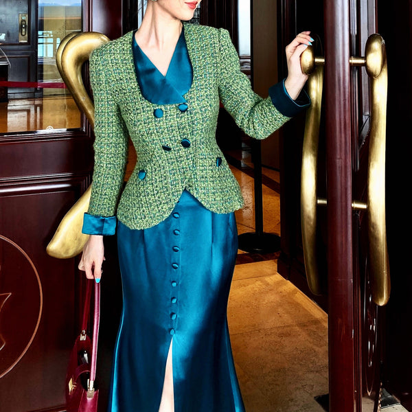 Peacock green lady retro jacket and emerald skirt