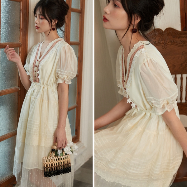 Embroidered french dress in pale white moon