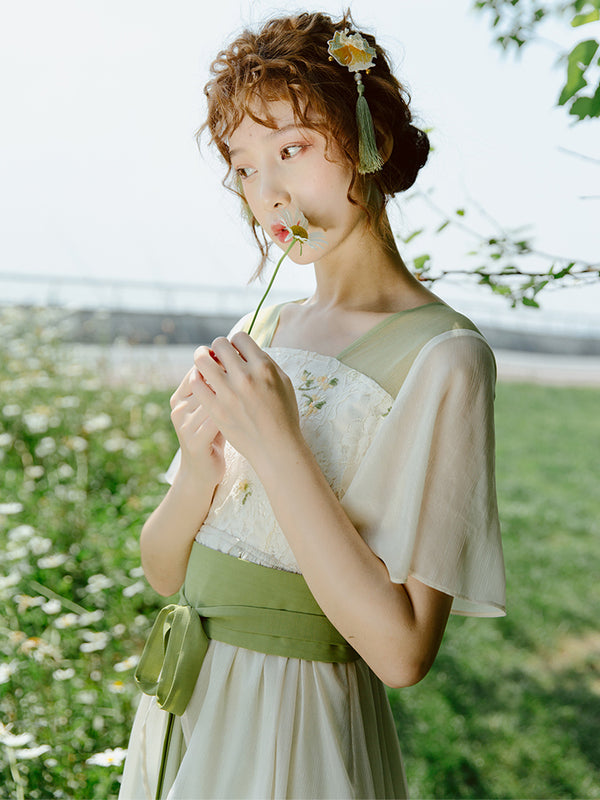 Willow leaf color flower embroidery dress