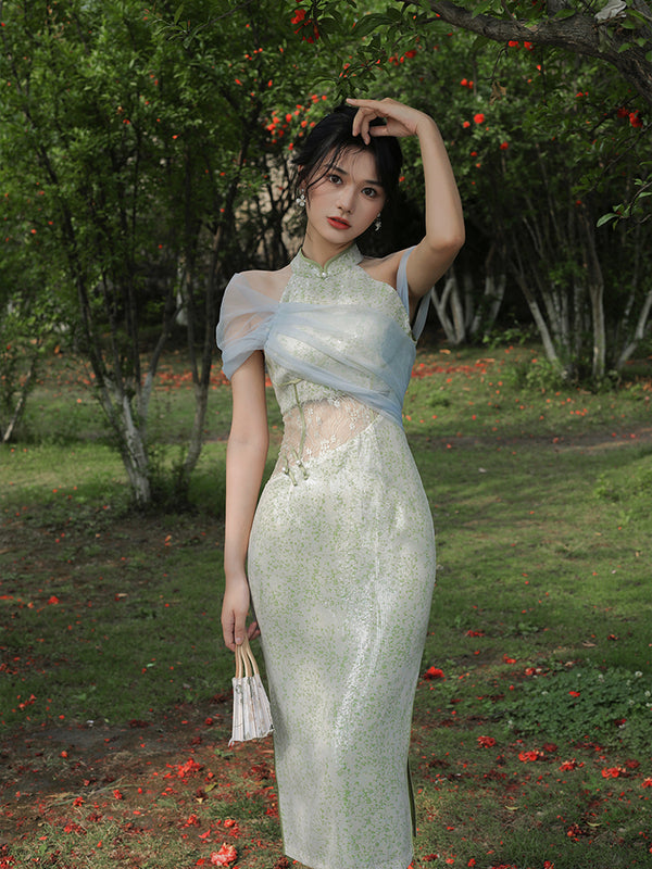 green fog green grass embroidery cheongsam dress