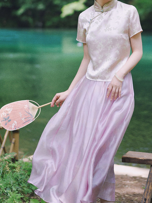 Pale pink embroidered cheongsam top and camisole dress
