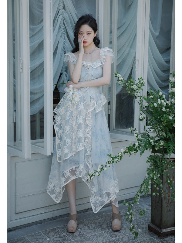 Ink painting flower pattern top and embroidered tulle skirt