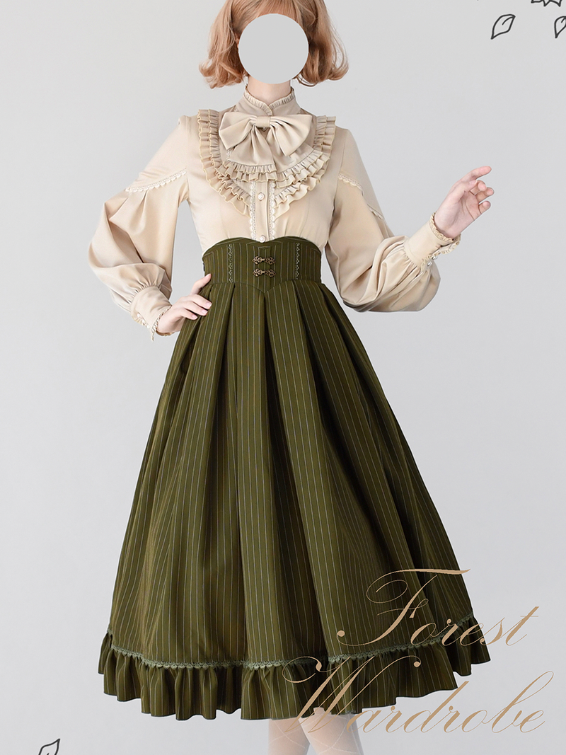 British Lady High Waist Skirt and Vest and High Neck Ribbon Blouse
