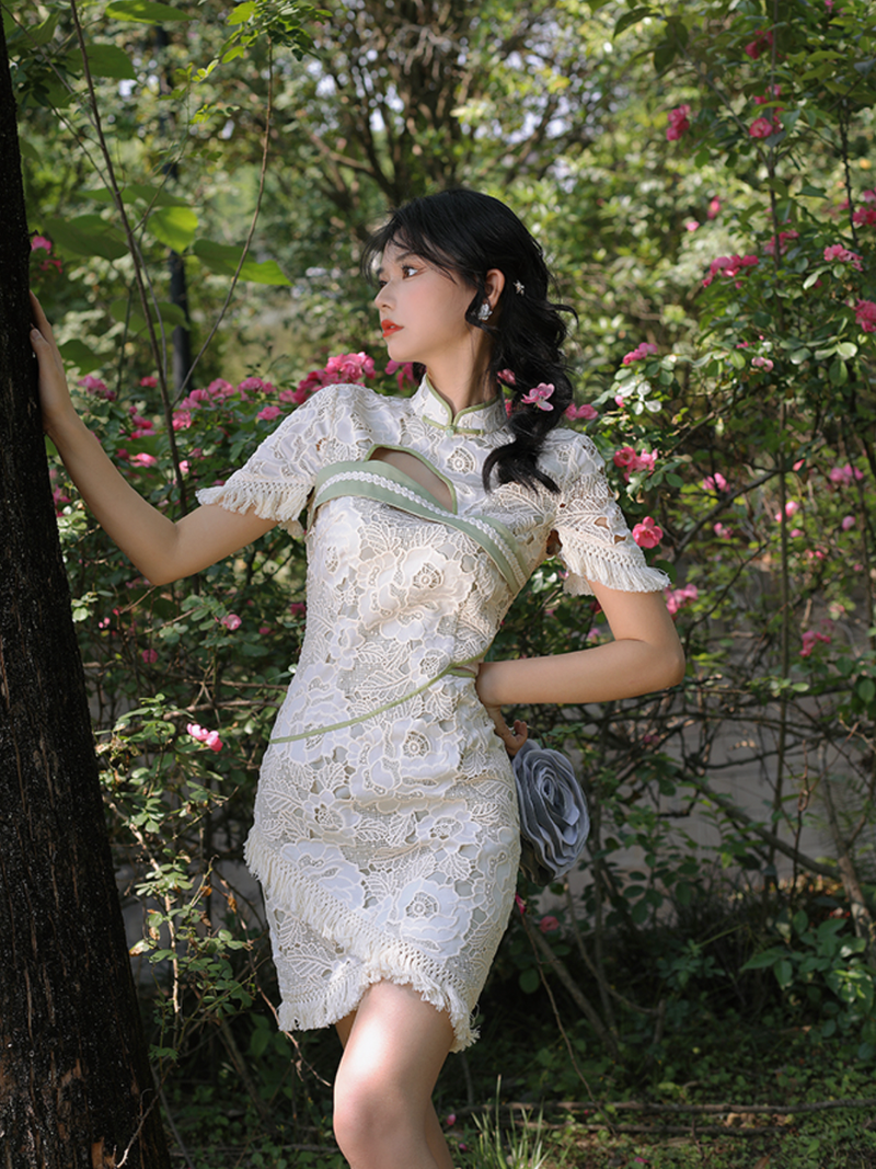 White peony cluster embroidery short cheongsam dress