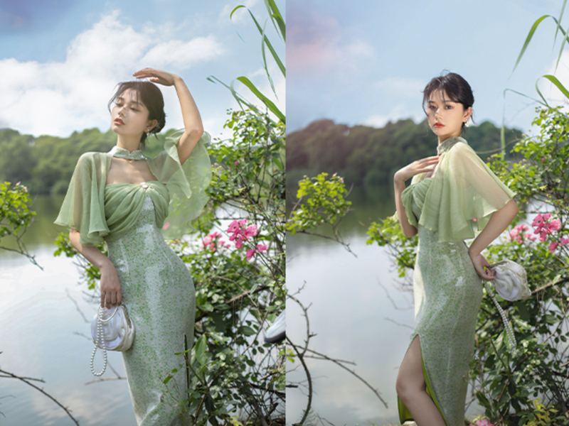 Young grass crowd cheongsam dress after rain