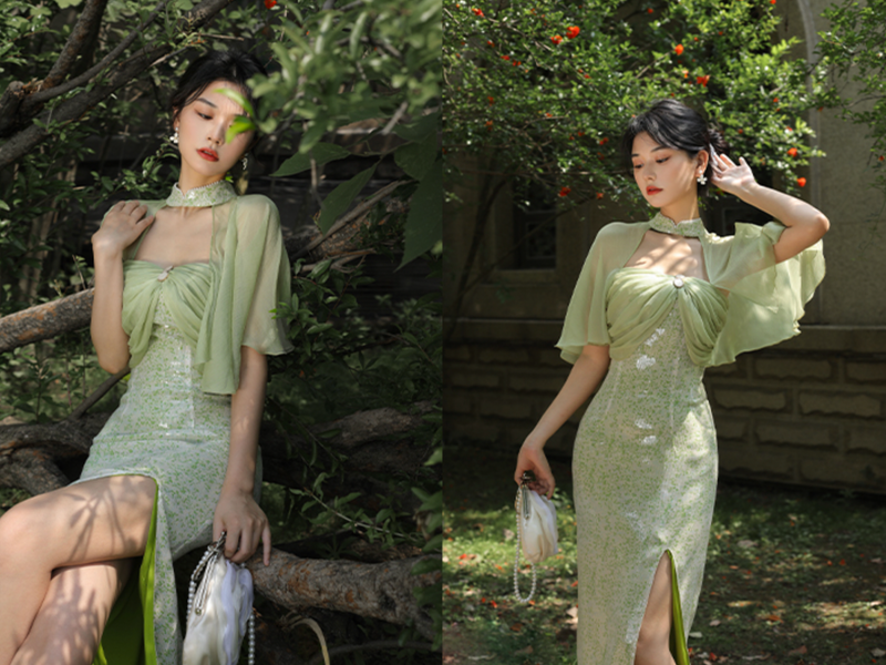 Young grass crowd cheongsam dress after rain