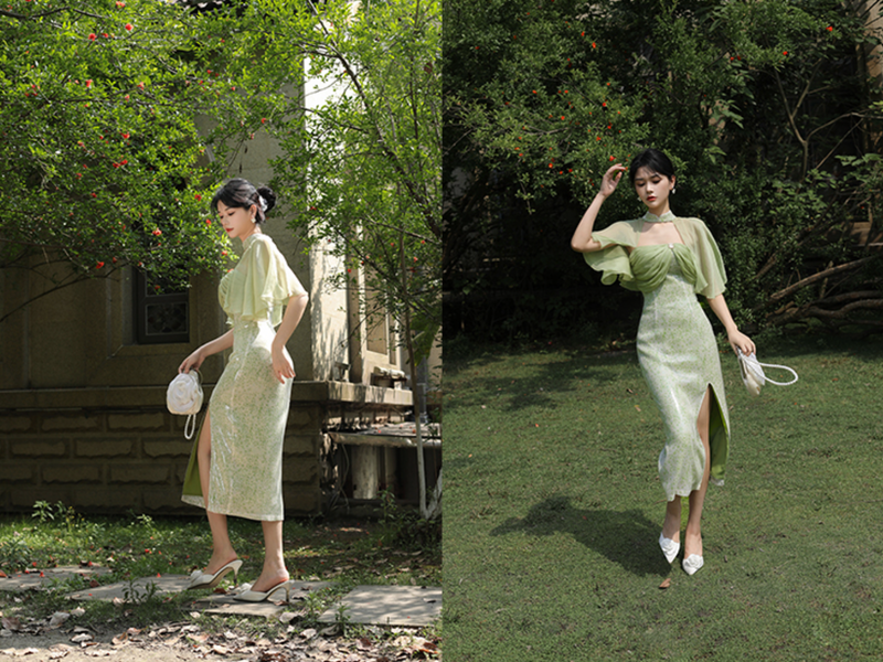 Young grass crowd cheongsam dress after rain