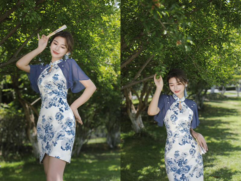 Blue ink mountain tea floral print cheongsam dress