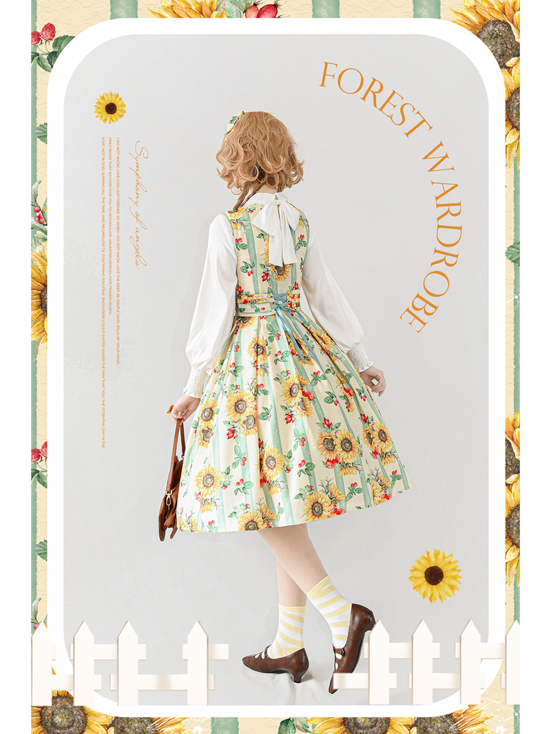 Sunflower watercolor jumper skirt and high neck ribbon blouse