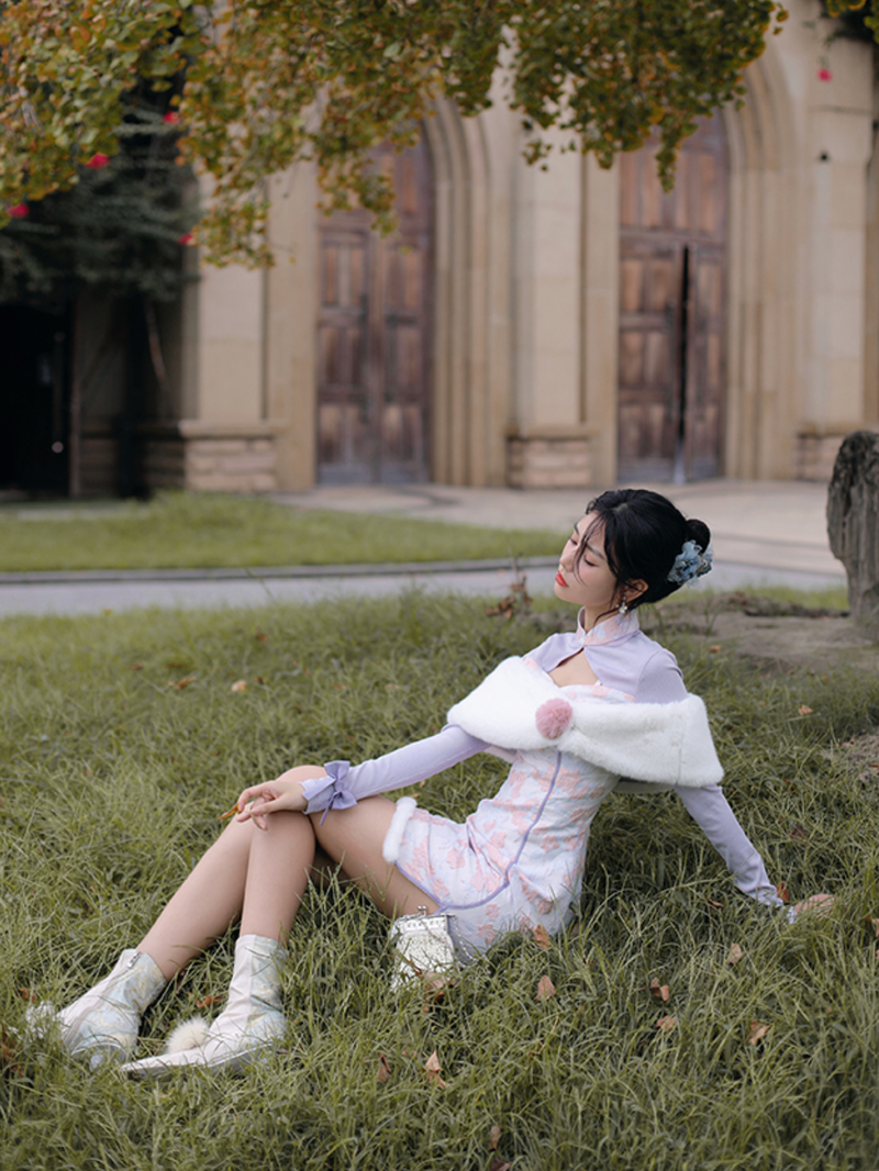Light purple hazy floral China short dress