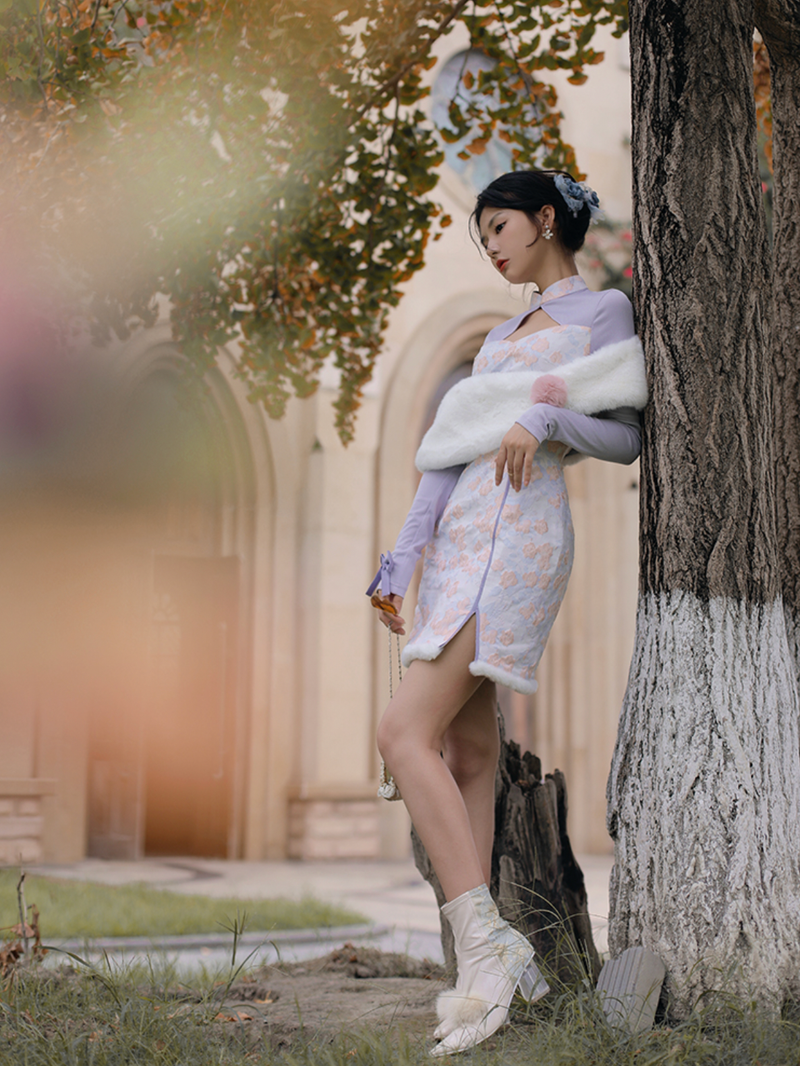 Light purple hazy floral China short dress
