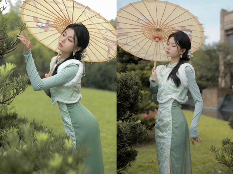 A cheongsam dress and a cheongsam vest with scattered petioles on a white-green ground