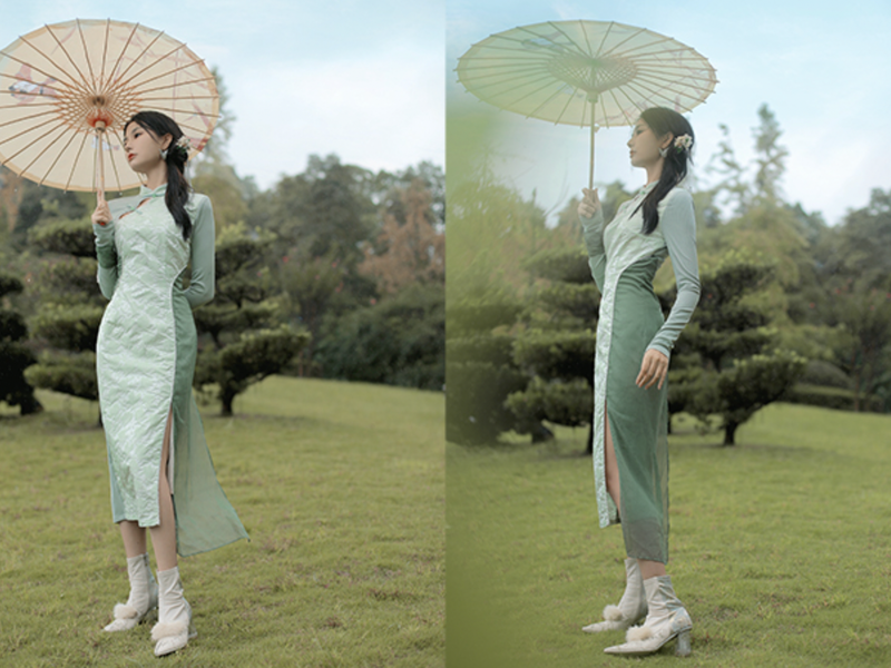 A cheongsam dress and a cheongsam vest with scattered petioles on a white-green ground