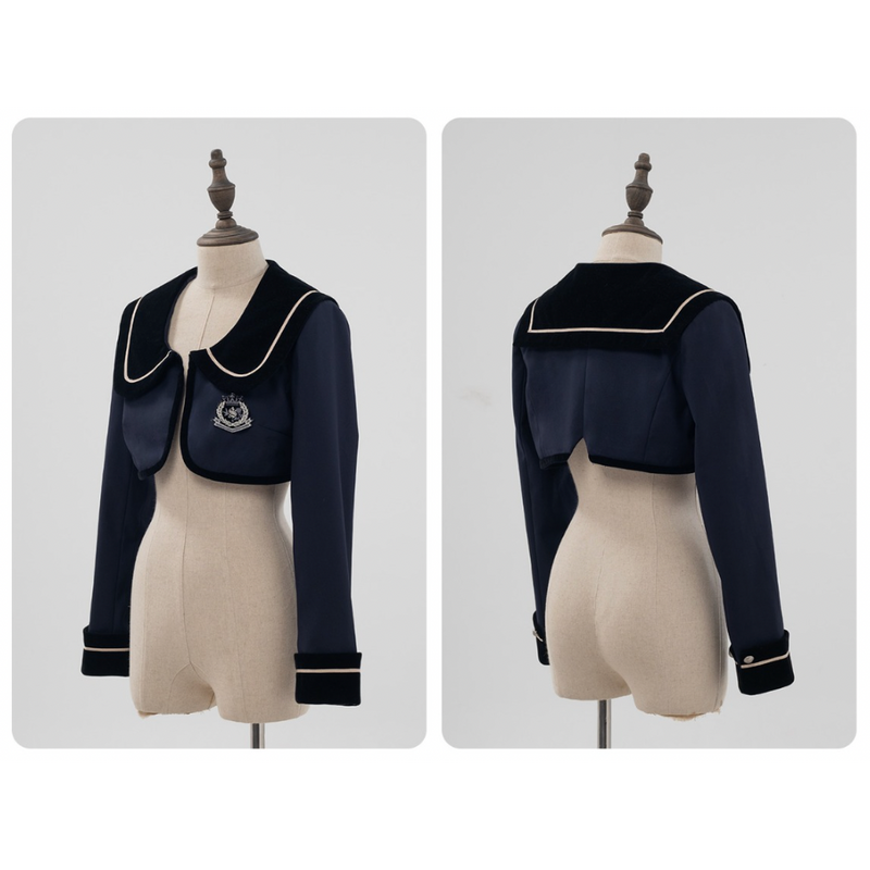 Dark indigo lady's literary classical jacket, jumper skirt and high neck blouse