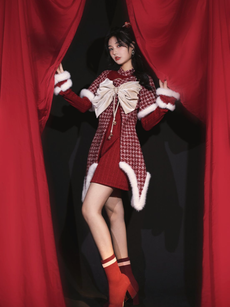Crimson Plaid Tweed China Dress