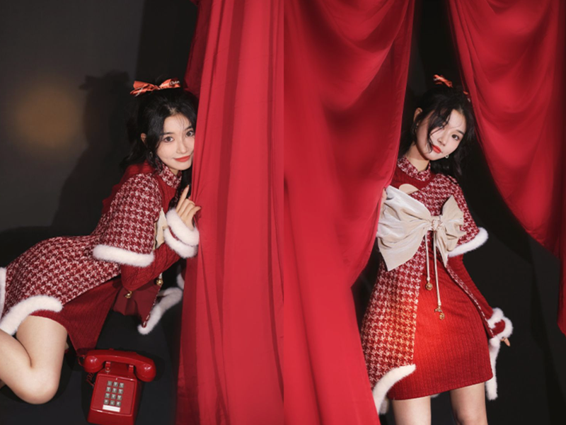 Crimson Plaid Tweed China Dress