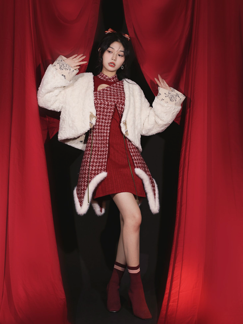 Crimson Plaid Tweed China Dress