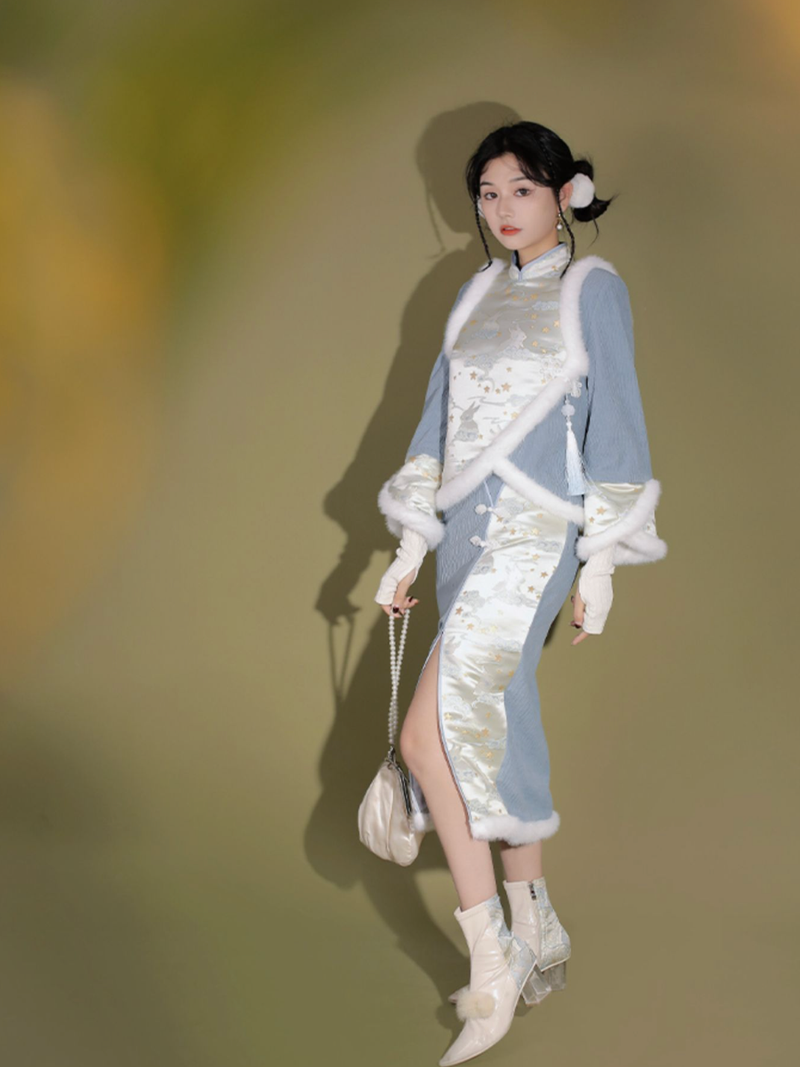Thin flower rabbit embroidered cheongsam dress