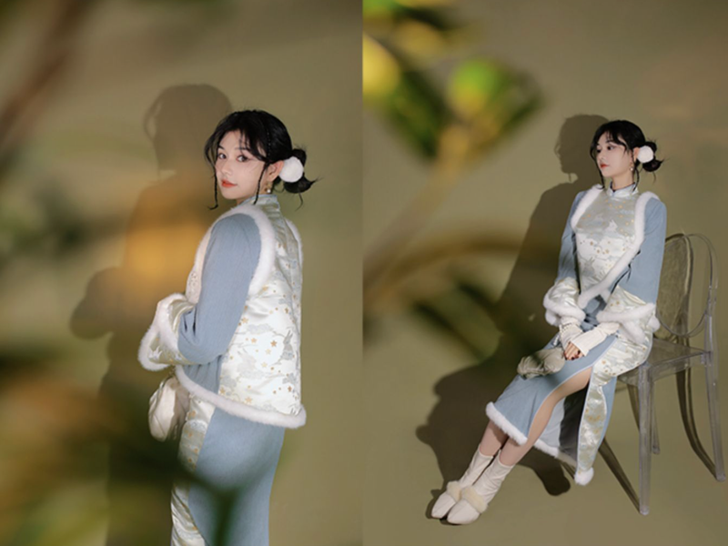 Thin flower rabbit embroidered cheongsam dress