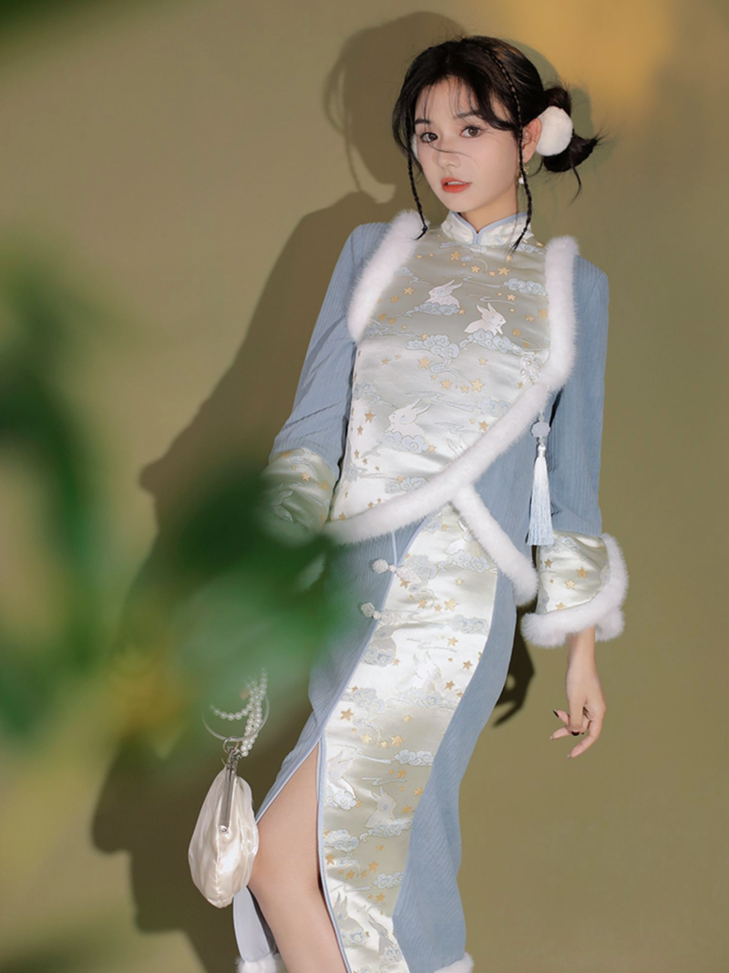 Thin flower rabbit embroidered cheongsam dress