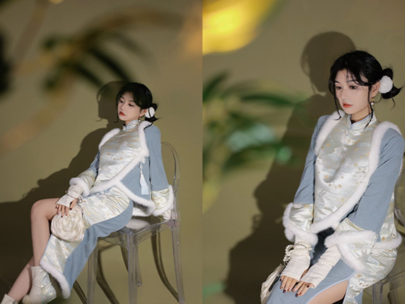 Thin flower rabbit embroidered cheongsam dress