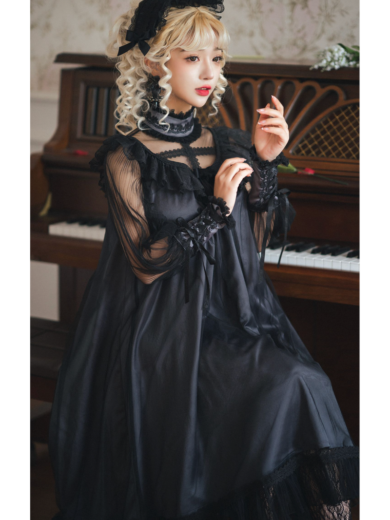 Jet black lady's embroidery elegant dress [scheduled to be shipped in mid-April 2023]