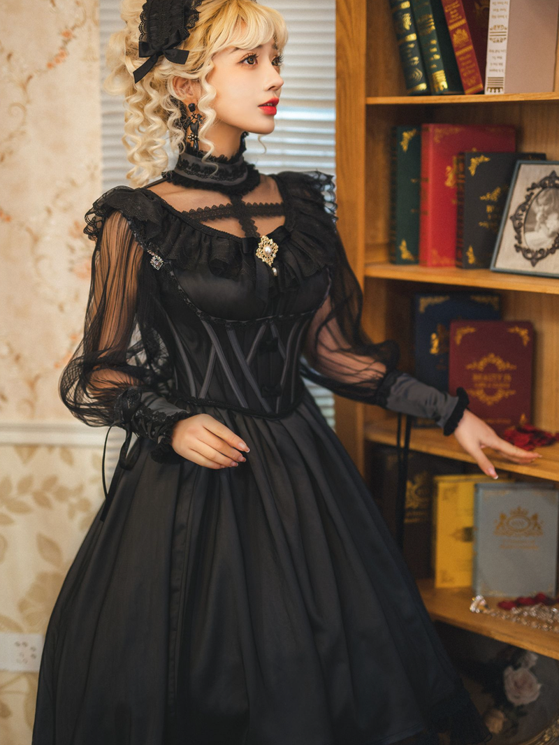 Jet black lady's embroidery elegant dress [scheduled to be shipped in mid-April 2023]