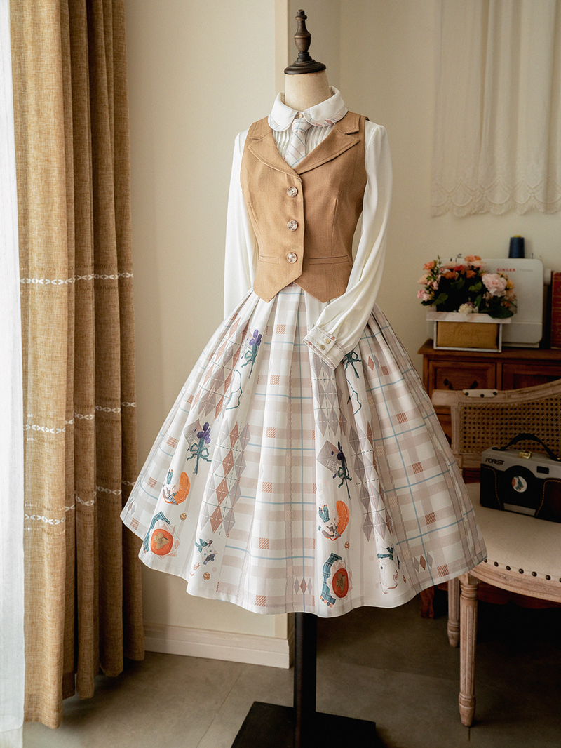 Persimmon cat and flower plaid strap skirt, vest and pleated blouse (beige)