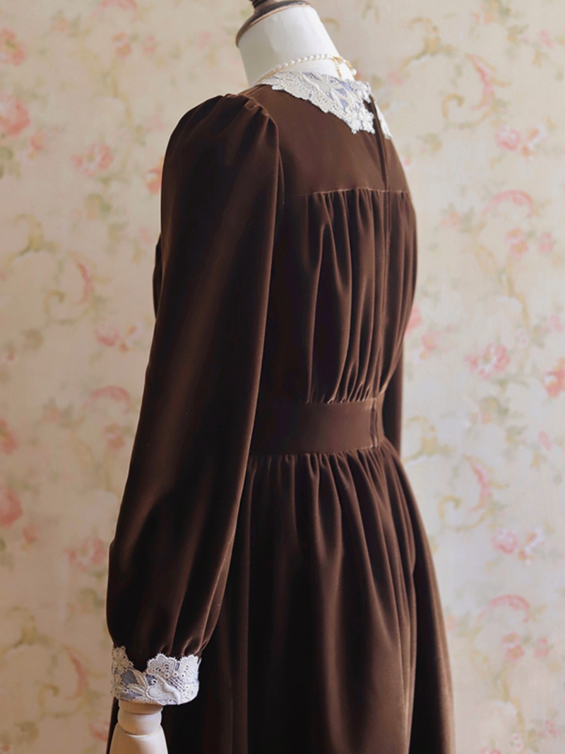Dark brown lady's embroidered velvet dress [Scheduled to be shipped in mid-April 2023]