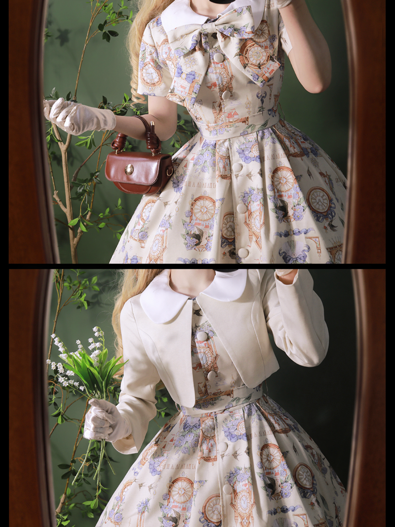 Western clock and bouquet classical dress and short jacket (beige) [Planned to be shipped from late April to early May 2023]
