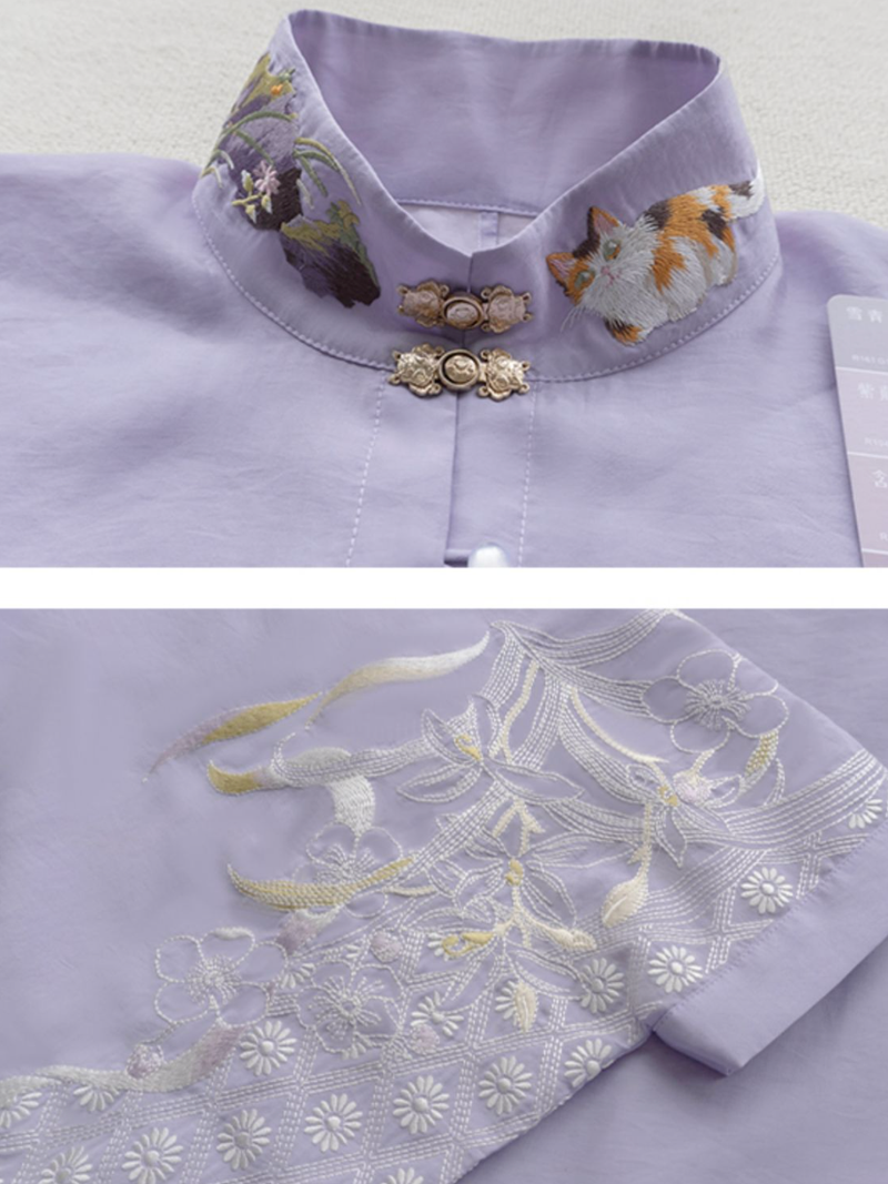 菊花と猫の刺繍羽織りブラウス