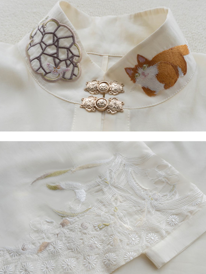 菊花と猫の刺繍羽織りブラウス