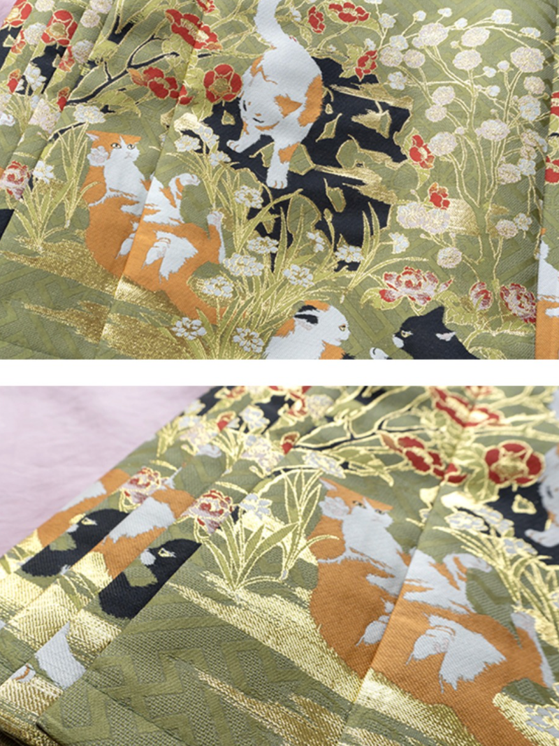 庭園の猫の古典柄ロングプリーツスカート