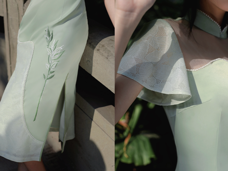 薄緑の花草刺繍チャイナワンピース（ロング丈）