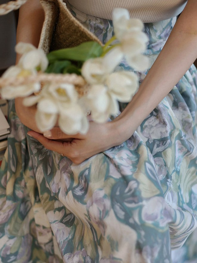 Celadon Floral Pattern Hepburn Skirt